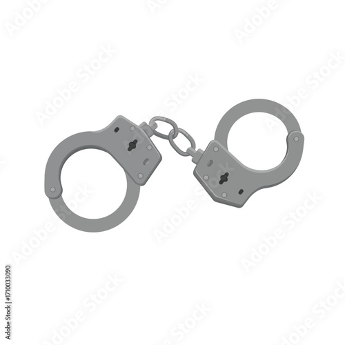 Metal handcuffs connected by a chain isolated on a white background symbolizing arrest and law enforcement