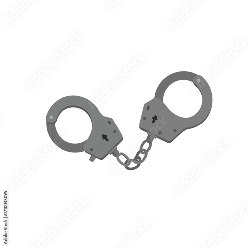 Close up of a pair of metal handcuffs with a chain connecting them on a white background