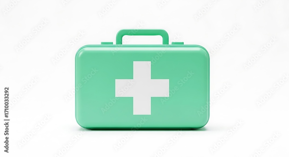 Fototapeta premium A mint-green first-aid kit, with a prominent white plus sign, is showcased against a plain white background.
