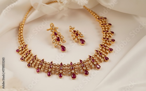 Gold necklace and earrings with ruby