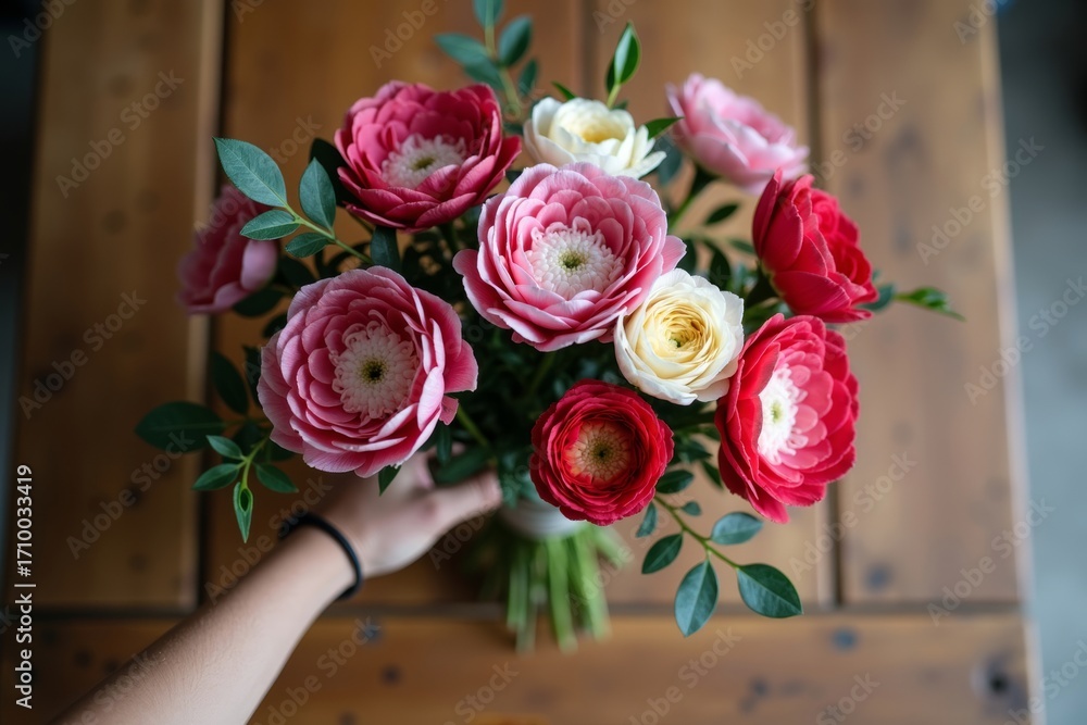 Obraz premium A Rustic Scene: A Bouquet of Flowers Held in Hand on a Wooden Table
