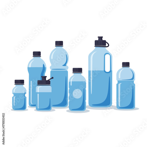 Collection of various blue plastic water bottles with black caps and clear liquid inside on white background