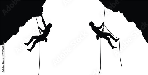 Two silhouetted climbers ascending steep rock faces with ropes and determination