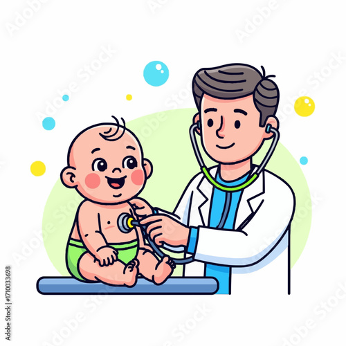 Smiling pediatrician conducting a gentle health checkup on a happy infant, emphasizing early childhood medical care and the importance of well-being