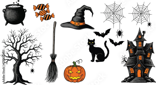 Spooky Halloween collection with haunted house, witch hat, black cat, pumpkin, and cobwebs