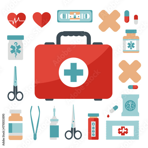 Comprehensive medical first aid kit with essential supplies and healthcare icons for emergency preparedness