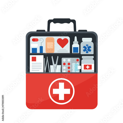 Open red first aid kit filled with essential medical supplies and emergency healthcare items
