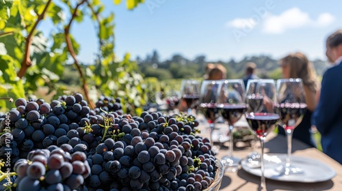 Red grapes and wine glasses at vineyard tasting.