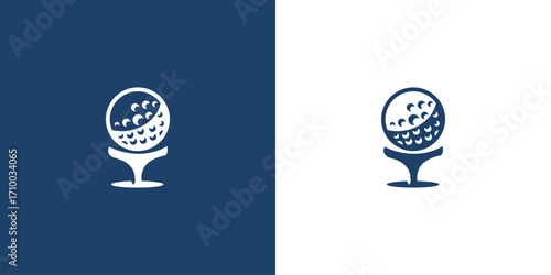 Golf ball on tee logo in white on blue and white backgrounds.
