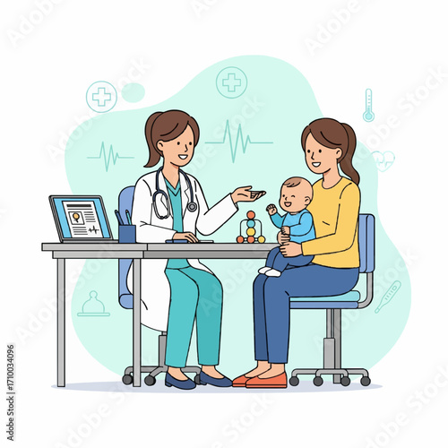 Pediatrician's compassionate consultation with a young mother and her baby, focusing on infant health and well-being at a modern medical clinic