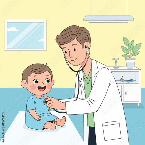 Friendly pediatrician gives a routine check-up to a happy baby, emphasizing essential early childhood care and well-being in a bright medical clinic