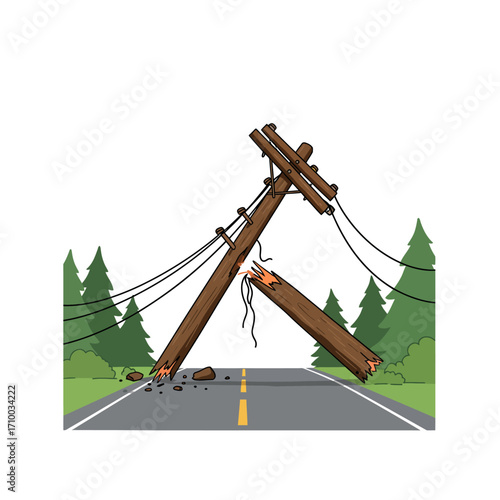 Broken wooden power pole lies across a road with downed wires and surrounding pine trees