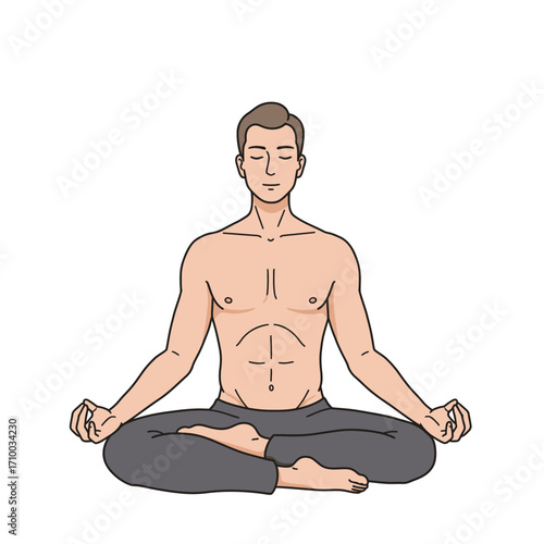 Man practicing yoga meditation in a serene lotus pose with eyes closed and calm expression