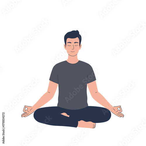 Young man meditating in lotus pose on white background with hands in mudra gesture