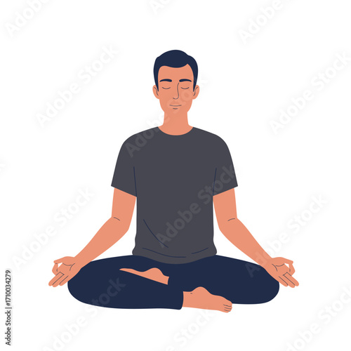 Young man meditating peacefully in a cross legged lotus pose wearing casual clothing on a white background