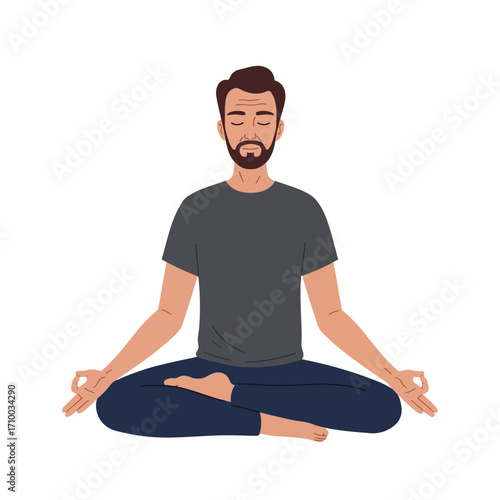 Man meditating calmly in lotus pose with eyes closed and hands in gyan mudra