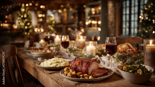 A festive Christmas dinner table, no people, decorated with candles and garlands, traditional European holiday dishes like roast turkey, mashed potatoes, vegetables, red wine glasses