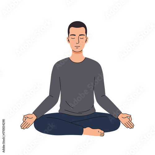 Young man meditating peacefully in lotus pose with eyes closed and hands in mudra