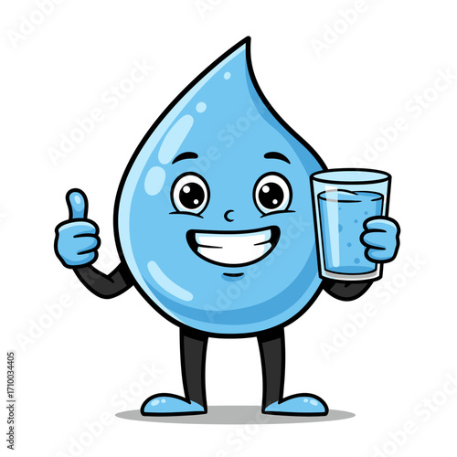 Happy cartoon water drop character giving a thumbs up and holding a glass of fresh water
