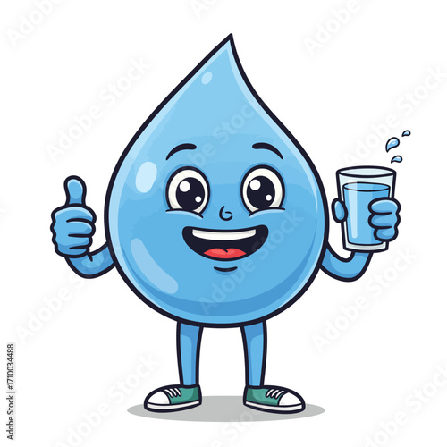 Happy cartoon water drop character giving a thumbs up and holding a refreshing glass of water