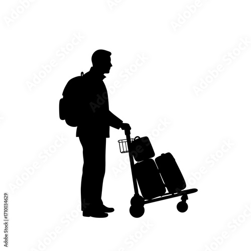 Silhouette of a traveler with a backpack and luggage on a trolley against a white background