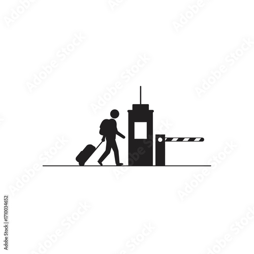 Silhouette of a traveler with a suitcase passing through a security checkpoint with a barrier gate