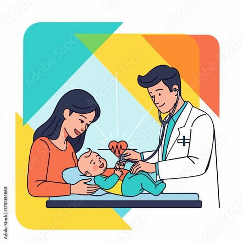 A compassionate pediatric doctor carefully examines a young child during a routine health check-up, emphasizing children's wellness and preventive medical care through thorough consultation