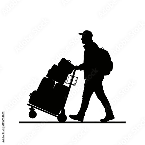Silhouette of a person with a backpack pushing a luggage cart full of bags at an airport or train station