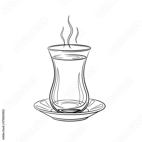 A simple line drawing of a steaming glass of tea on a saucer.