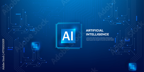 Artificial Intelligence Processor Chip icon with Neon Light Circuit Board and Blue Futuristic Technology Background Illustration