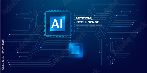 Digital AI Semiconductor with Neon Light Effect on Futuristic Blue Circuit Technology Background