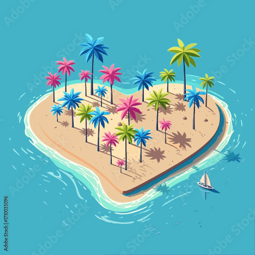 Charming heart-shaped tropical island illustration with sandy beach, palm trees, and ocean waves, symbolizing summer vacation, love for travel, or an idyllic escape