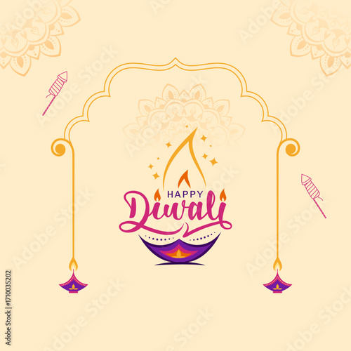 diwali festival creative illustration with decorative frame, mandala and calligraphy, happy diwali text typography