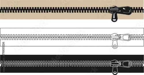 Close-up view of three different zipper styles in beige, outline, and black.
