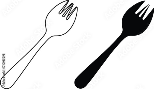 Simple outline and silhouette of a fork, representing culinary tools and dining.