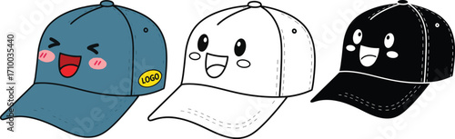 Three smiling baseball caps with cute faces, in blue, white outline, and black silhouette