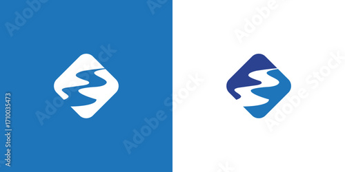 Abstract logo design featuring a stylized blue river within a rounded square shape.