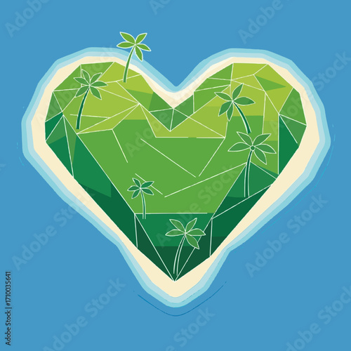 Geometric heart island illustration. A vibrant low-poly green landscape with palm trees, symbolizing a deep love for nature, tropical beauty, and serene island escapes