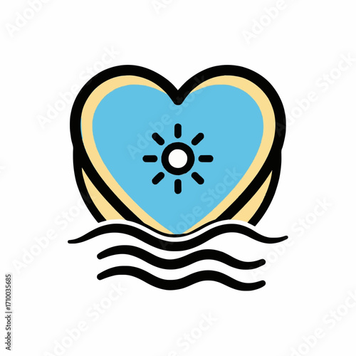 Dreamy heart-shaped tropical island paradise with a modern house, vivid palm trees, and serene turquoise waters, an idyllic representation of a romantic escape or vacation