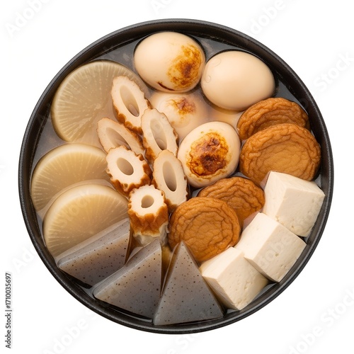 top view of oden in bowl on white background 