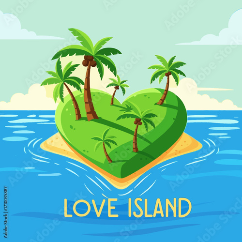 Idyllic heart-shaped tropical island paradise with palm trees, surrounded by sparkling blue water under a clear sky, perfect for a romantic getaway or a serene escape