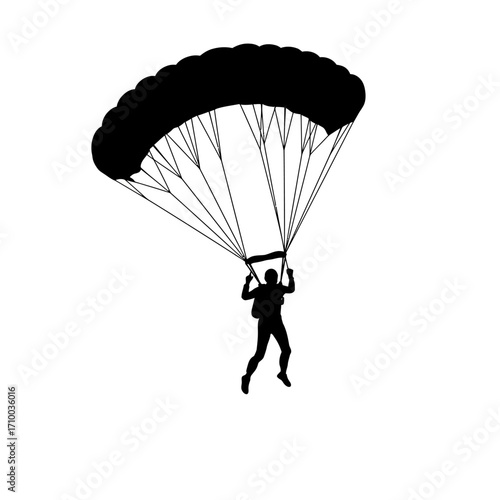 Silhouette of a skydiver in freefall with a large black parachute deployed against a white background