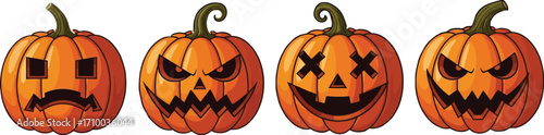 Four jack-o'-lanterns display a range of spooky and playful expressions for Halloween