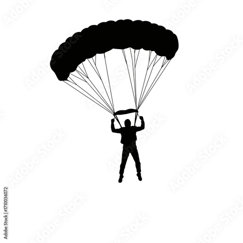 Silhouette of a skydiver descending with an open parachute against a clean white background