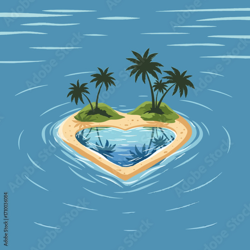 Romantic heart-shaped tropical island with lush palm trees, serene turquoise waters, and a sandy beach, symbolizing love, escape, and an idyllic paradise vacation