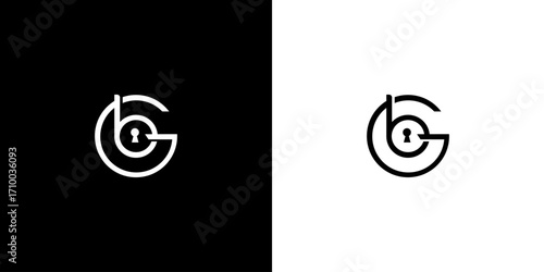 Monogram logo design featuring the letters 'b' and 'G' with a keyhole element.