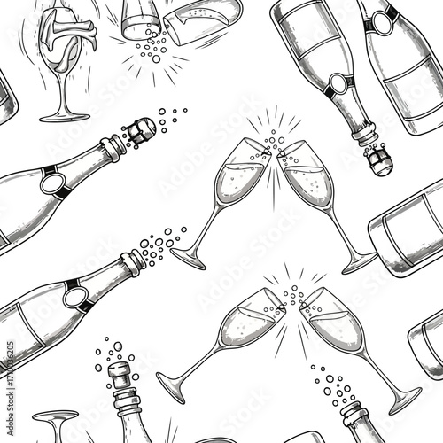 Black and white illustration of champagne bottles and glasses, a celebratory pattern.