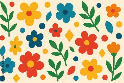 A vibrant and playful floral pattern with large red, yellow, and blue flowers, geometric shapes, and green leaves. The bright colors and simple design create a lively and cheerful atmosphere