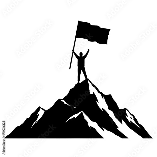 Silhouette of a triumphant person raising a flag on a mountain peak symbolizing achievement and success