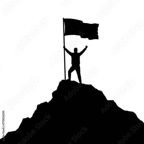 Silhouette of a triumphant person raising a flag on a mountaintop against a white background